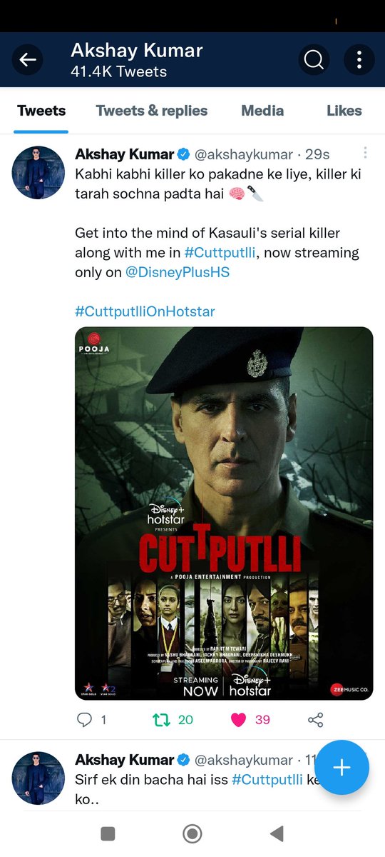 Rksrocking's tweet photo. Finally Akshay sir movie verdict hit after a long time 😇😍
#CuttputlliNowStreaming #CuttputlliOnHotstar
@AkkisRagini @Deepshikha_Akki @Shivver63 @Bhushanadhau1 @DrSamm118786 https://t.co/yumNrExiDU