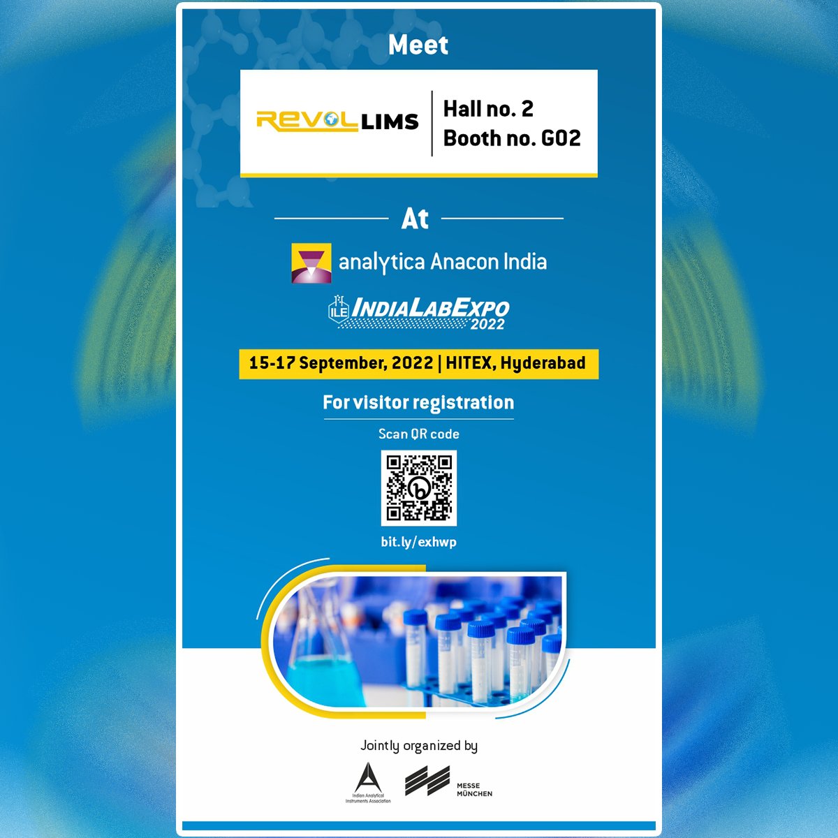 revol_official's tweet photo. We're thrilled to welcome you all to visit our stall at analytica Anacon India & India Lab Expo 2022 at Hyderabad Hitex Exhibition Center during 15 - 17 September 2022.
#revollims #laboratory #analytical #indialabexpo #exhibitions #tradefair2022 #software #labtechnology https://t.co/rIGpd6og8Z