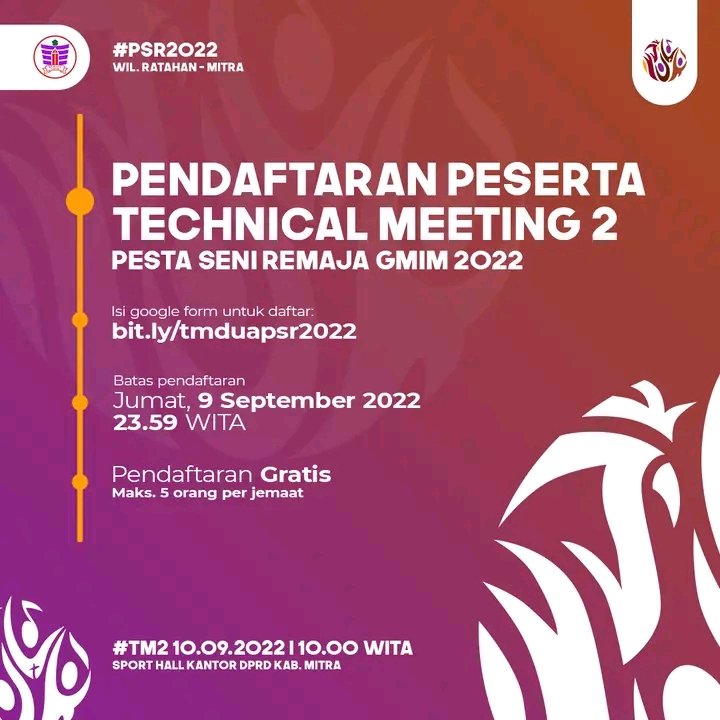 Syalom! Kakak-kakak pembina remaja, 5 hari lagi Technical Meeting 2 PSR 2022 akan dilaksanakan. Silakan melakukan registrasi kehadiran lewat google form: bit.ly/tmduapsr2022

Sampai jumpa di Ratahan! #psr2022 #remajagmim #teensforchrist