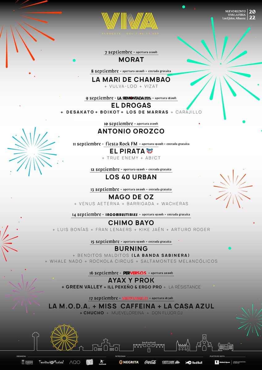 TerritorioMusi's tweet photo. ¡WOOOO! Ya llega la esperada #feriadealbacete2022 y en el nuevo recinto VIVA (antes @VivaLaFeriaAB) te esperan todos estos conciertos y festivales... ¡IMPERDIBLES!🎡🎸🎧🎼🎤🧡
Corre YA a por tus entradas a https://t.co/5A8Te0CltF
#territoriomusical #vivalaferiaalbacete #TicketVip https://t.co/GLRGHxhZGh