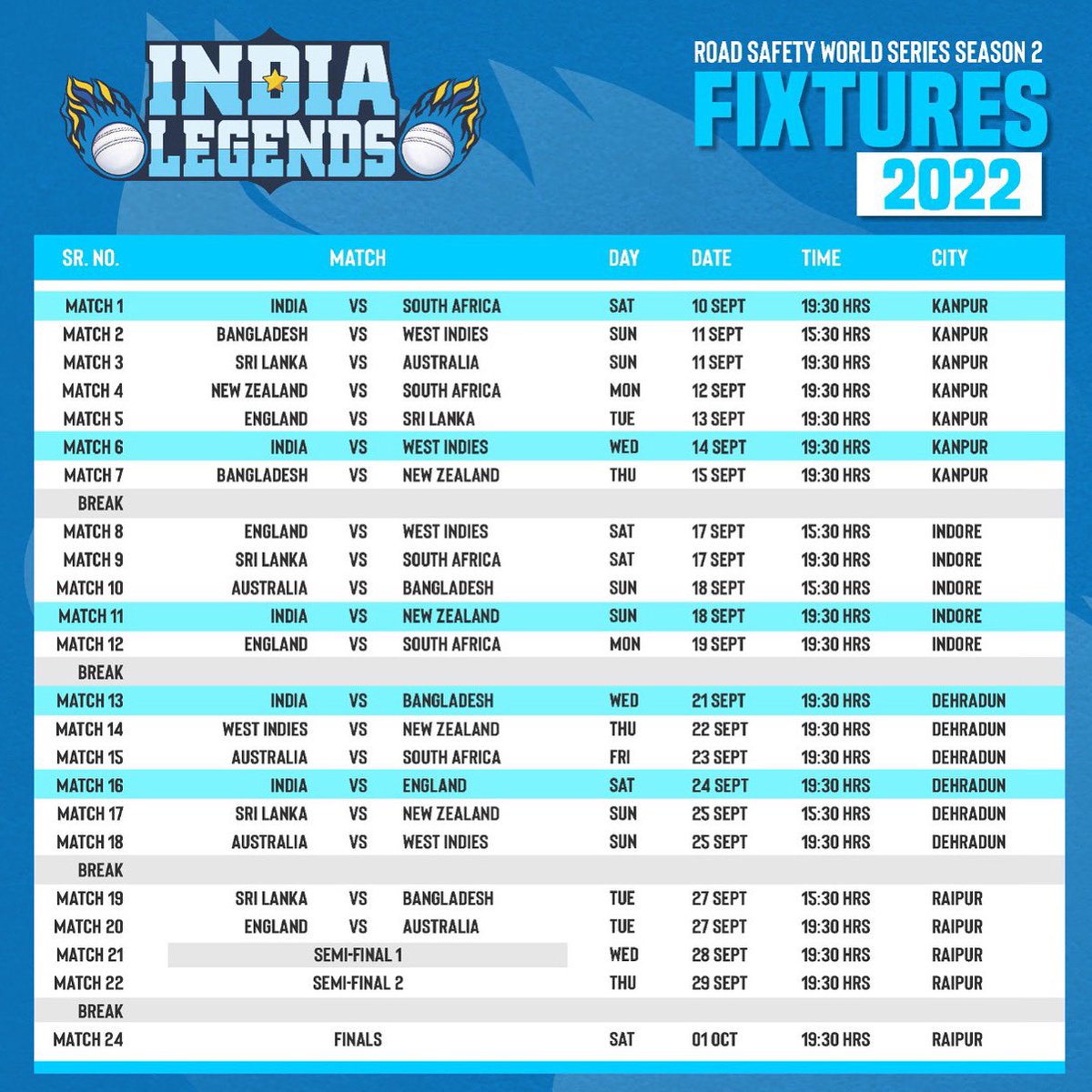 India__Legends's tweet photo. Glance through the above schedule, highlighted with India Legends matches across the board, and be ready for nail biting & thrilling rides #indiancricket #indialegends #SachinTendulkar #Roadsafetyworldseries #RSWS #Roadsafetyworldseriesseason2 #YehJungHaiLegendary #Legendsareback https://t.co/4orZDEvcxr