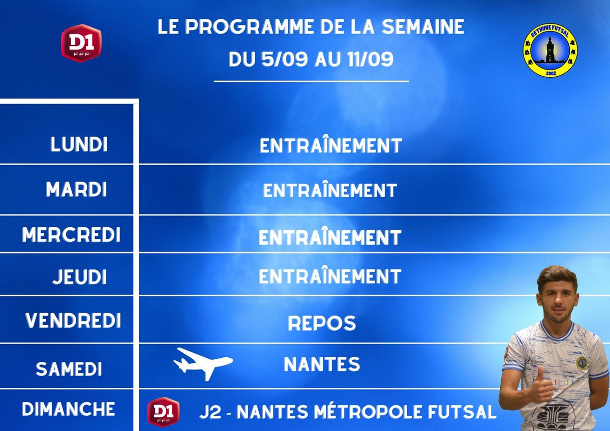 ⚽️ Le planning de la semaine de nos Biancazzuri.

▶️ Focus sur le déplacement au <a href="/nmfFutsal/">NantesMetropoleFutsal</a> 

#ForzaBéthune 🔵⚪️🐺