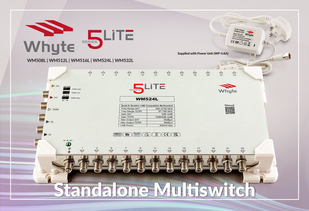 The Whyte Series 5 Lite Standalone Multiswitch range is designed for domestic installations as well as for small apartment blocks. 

The range is compatible with Quad and Quattro LNB’s and comes in sizes ranging from 8 Way to 32 Way. 

for more info visit: whytetechnologies.com/series-5-lite/
