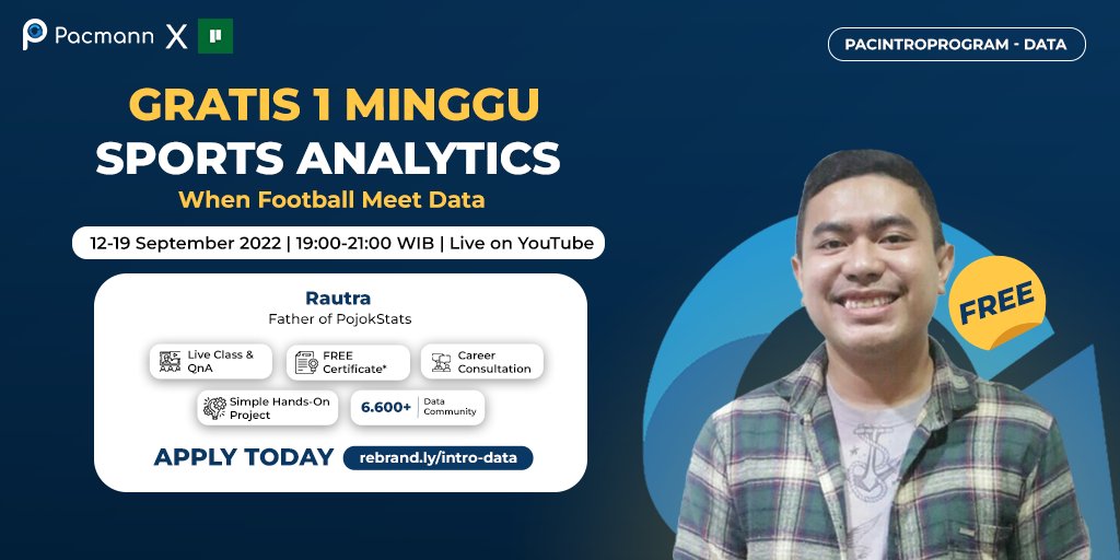 Pertama Pacmin ingin memberitahukan kepada kalian bahwa saat ini, dibuka pendaftaran untuk 

⚽️Intro to Football Analytics: 
When Football Meet Data ⚽️

📆 : 12-19 September 2022
💰 : GRATIS