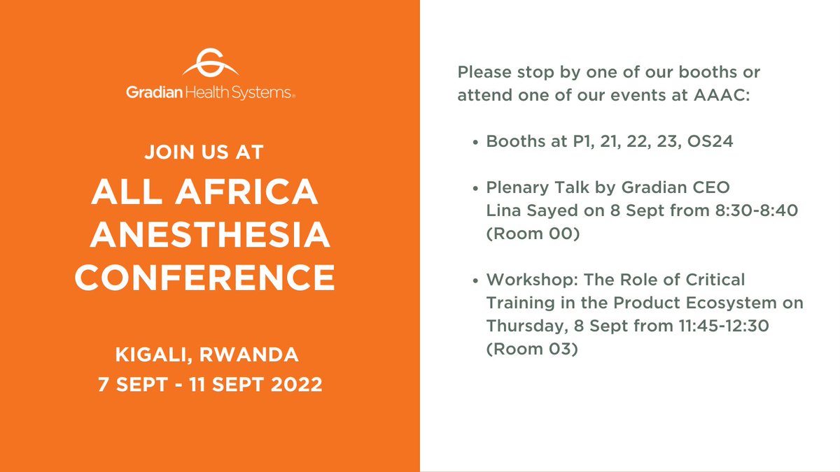 Gradian will be attending the 8th All Africa Anesthesia Congress 2022 taking place in Kigali, Rwanda from 7-10 September at the Kigali Conference and Exhibition Village.

Learn more here: bit.ly/3QgcqB4

#AAAC2022 #WFSA #RSA