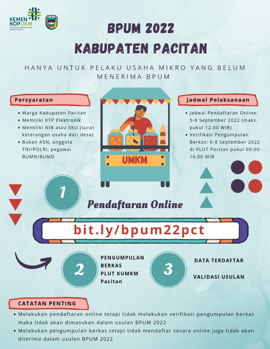 PemkabPacitan's tweet photo. Program BPUM 2022 Kabupaten Pacitan Kembali Dibuka.
AYO DISEGERAKAN.

LINK PENDAFTARAN ONLINE :
https://t.co/fwBYImJIQ7

#bpum2022 #ukmpacitan #umkmpacitan #plutpacitan https://t.co/LyBnJwTKQD