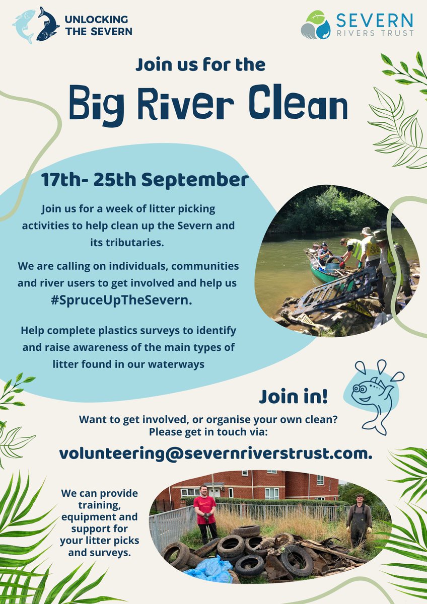 The Big River Clean is coming up 💧✨🌿 Find out how you can help #SpruceUpTheSevern via the poster below, or on <a href="/severnrivers/">Severn Rivers Trust</a> webpage here: severnriverstrust.com/news/join-in-w…