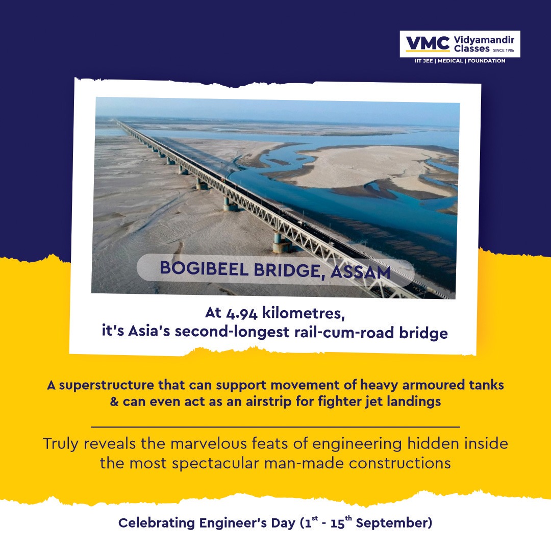 VmcLearning's tweet photo. How many of you knew about this bridge? 
Let us know in the comments below !!
#VMC #Vidyamandirclasses #IITJEE #AsiaSecondLongestBridge #BogibeelBridge #PowerOfEngineering #engineeringevents #CelebratingEngineersDay #Engineering #thinkiitthinkvmc #EngineersDay https://t.co/CS6AwxayDU
