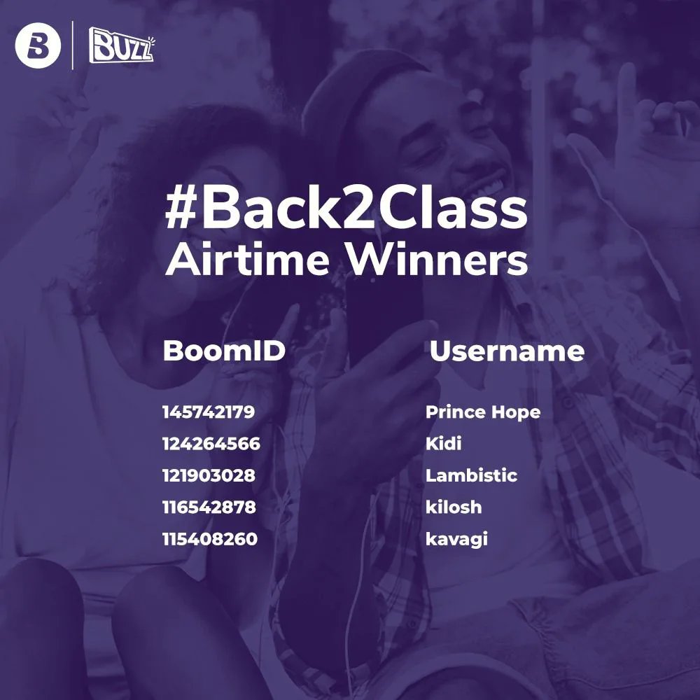 Boomplay_kenya's tweet photo. Here are the winners of our #Back2Class competition. Airtime winners will be contacted via the chat section on the Boomplay App. Subscriptions will be sent directly to your accounts within the next 3-5 working days. https://t.co/1Edv3dOnmL