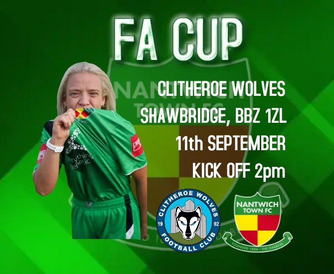 NantwichWomenFC's tweet photo. ⚽🏆 FA CUP 🏆⚽

This Sunday we travel to Clitheroe Wolves where we take part in the 1st round of the Women's FA Cup ⚽

We are giving fans the opportunity to travel by coach for a price of £20 per ticket. If you would like to purchase a ticket then please get in contact 👍🏻 https://t.co/mrYOCIqJ6a
