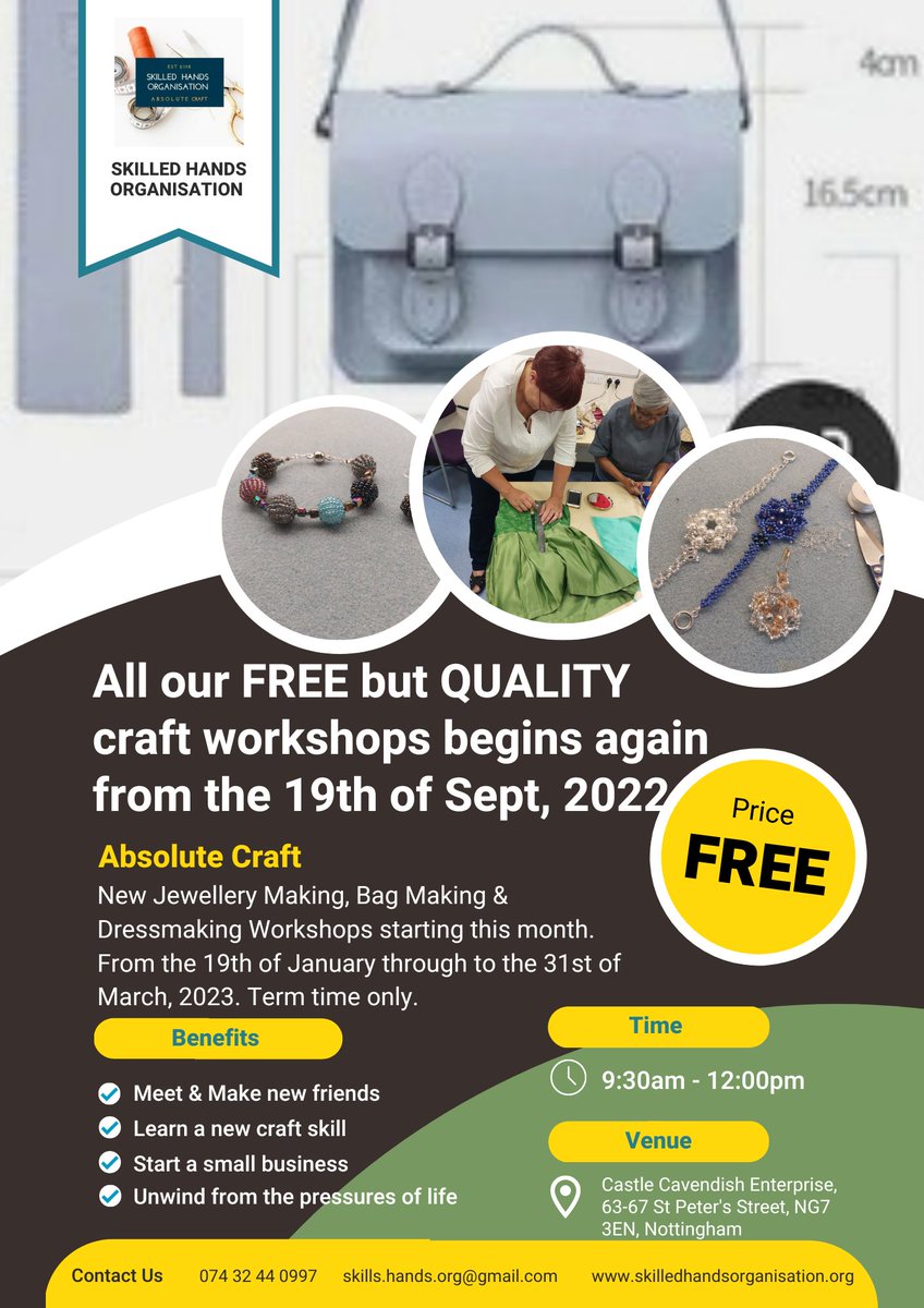 OrgSkilled's tweet photo. We are excited to announce that our FREE but QUALITY Craft workshops for Unemployed women, Stay-home mums and women on low income living in Nottingham begins again this month from the 19th of September, 2022 to the 31st of March, 2023.

#craft #workshops #women #Trending #DIY https://t.co/sLQ0zXssRa