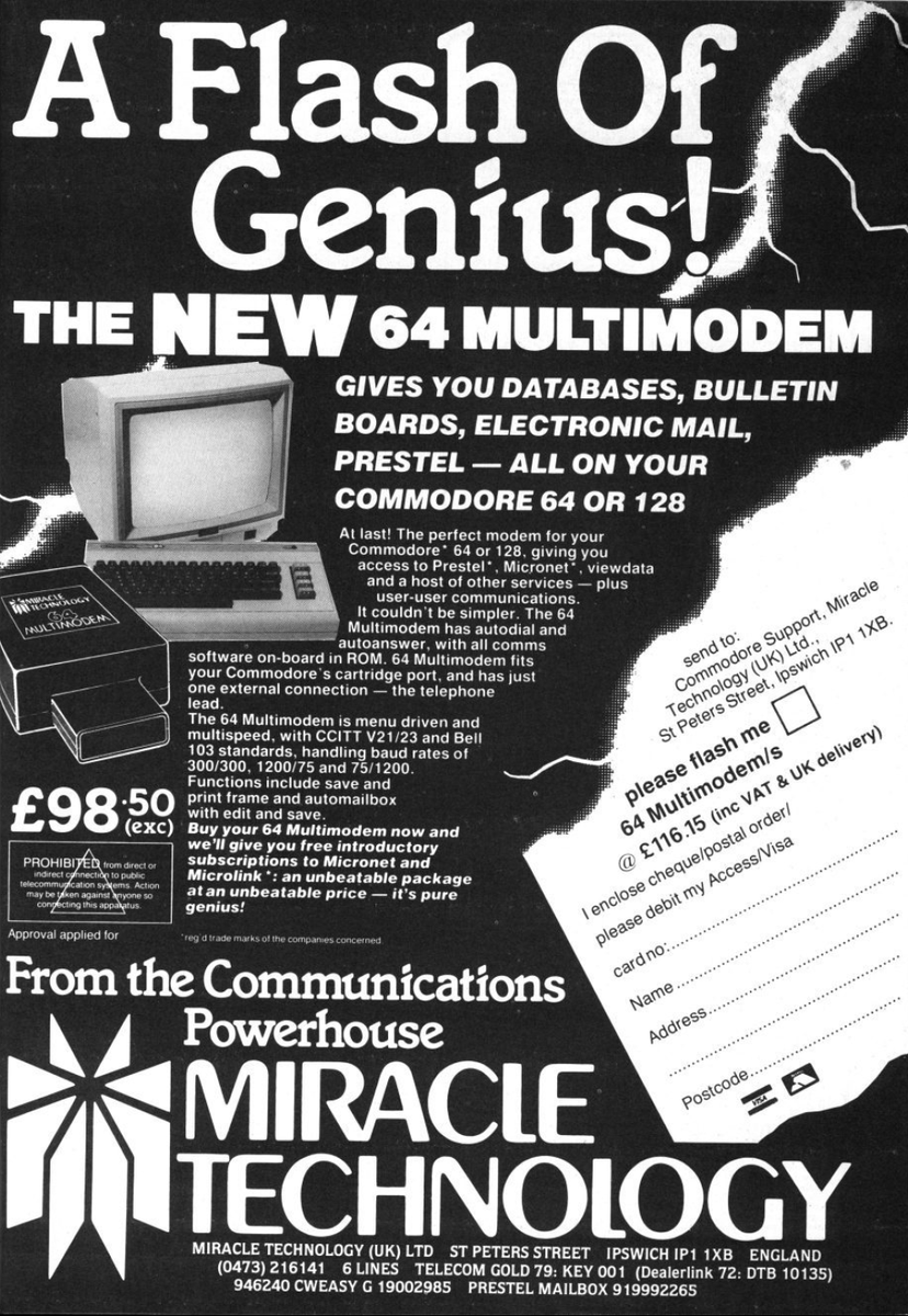 TakodanTweets's tweet photo. 1985 ad for the '64 Multimodem' by #MiracleTechnology for #Commodore #C64 https://t.co/f2Q9OaAfOQ