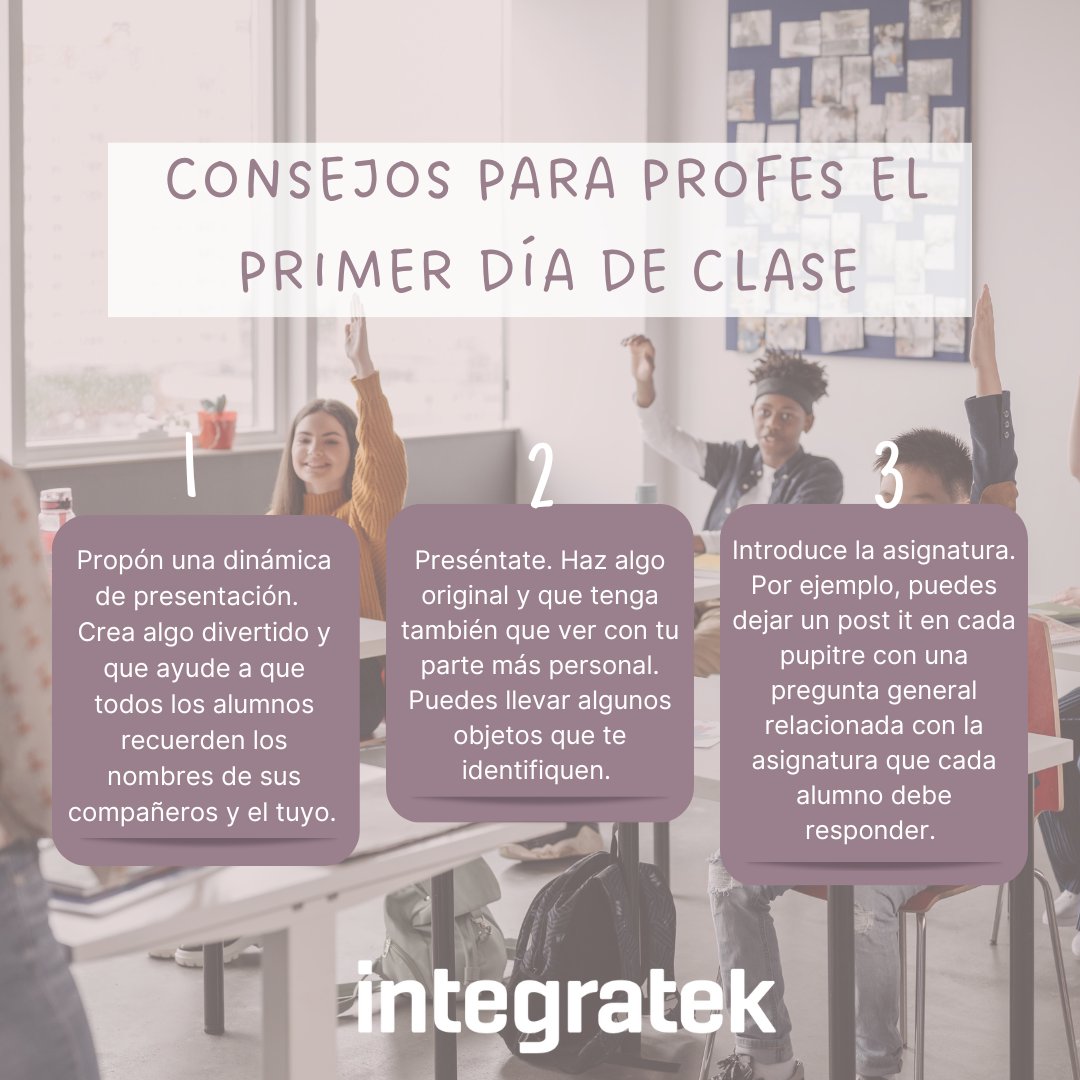 integratekedu's tweet photo. 💥 ¡HOY EMPIEZAN LAS CLASES!

Profes, os proporcionamos algunos consejos para empezar el curso con buen pie.

Danos un like o comparte👍

Deja tu consejo en los comentarios 👇

¡Feliz día!

#integratek #itkacademy #consejosprofes #primerdiaclase #empiezaelcole #vueltaalcole https://t.co/PK3Lonopsb