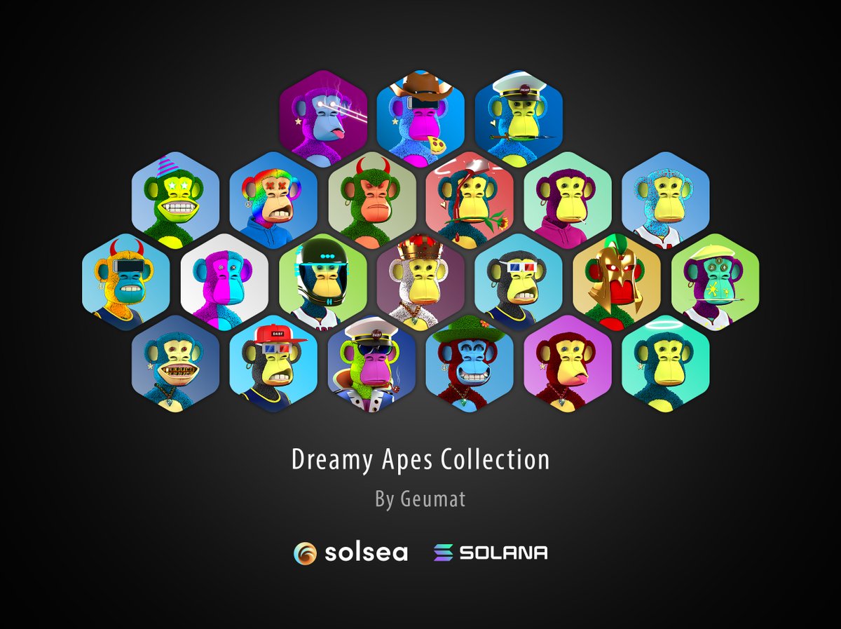 geumat3's tweet photo. Dreamy Apes Collection
My first collection on Solsea @SolSeaNFT 🤩🙌

👉https://t.co/7FwiqoLQ32

Dreamy Apes is a collection of unique and minimal 3D apes with rarities for each one. (100 pieces)

#nft #solsea #solana #SolanaNFT #Geumat #DreamyApes #collaction https://t.co/dE1TLL2oKd