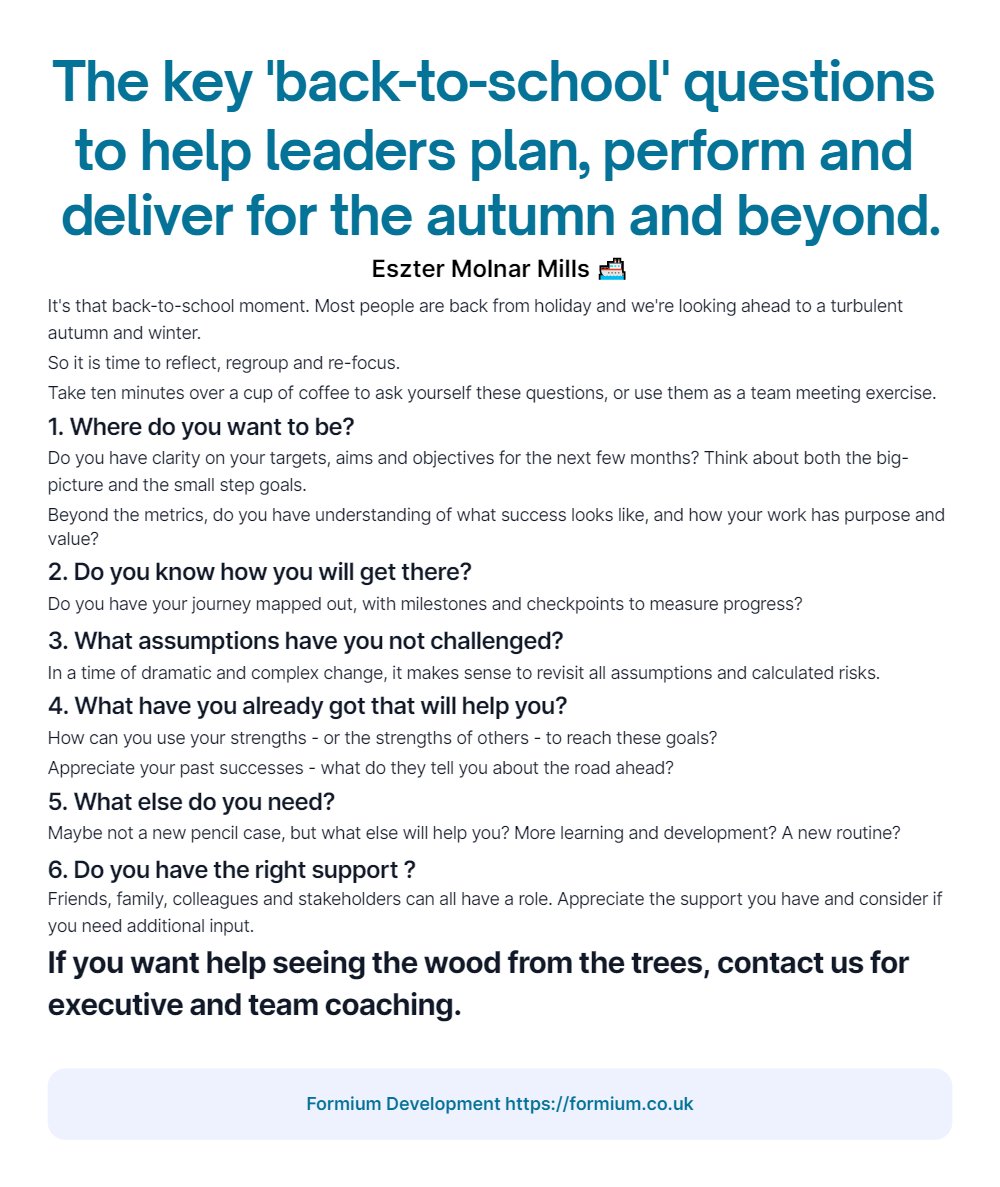 EszterMMills's tweet photo. The key 'back-to-school' questions to help leaders plan, perform and deliver for the autumn and beyond.
#BusinessPlanning
#TeamPlanning
#BusinessGoals
#TeamObjectives https://t.co/3Mhuzmpm3k