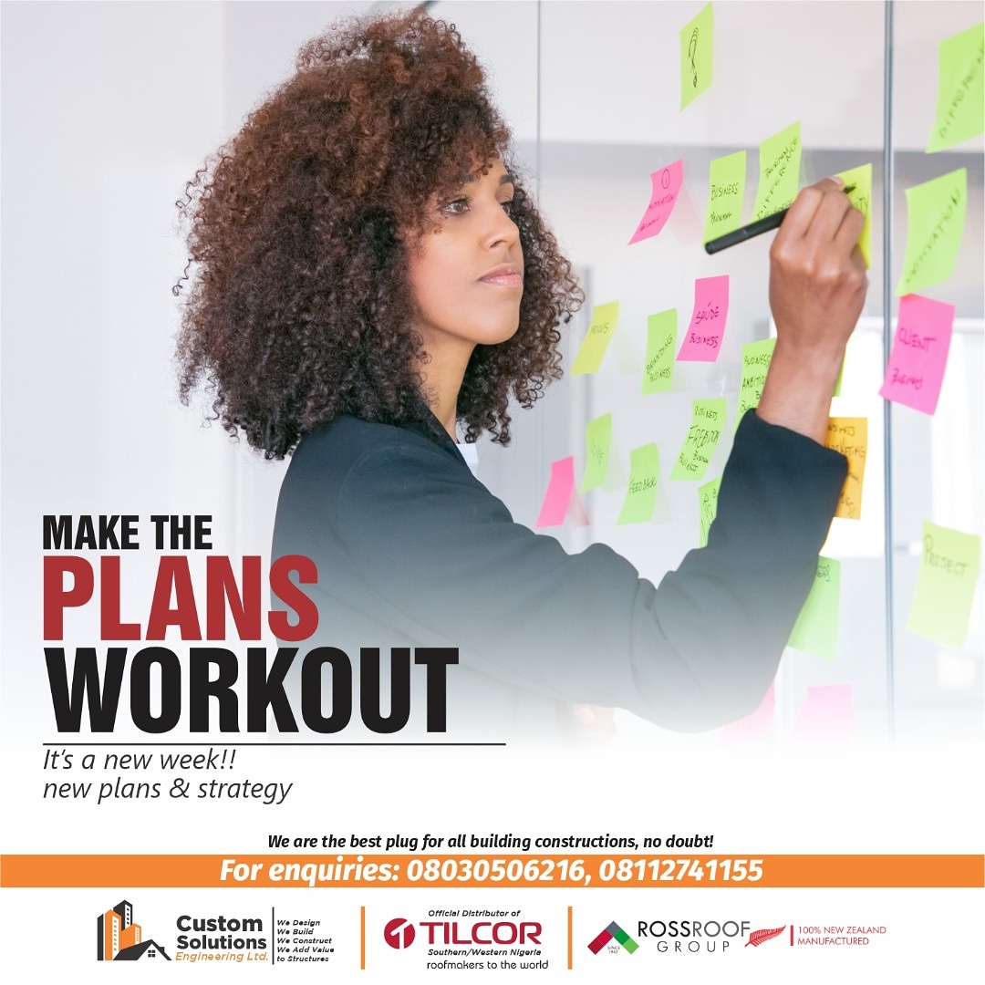 Customsolutng's tweet photo. Make the plans workout!
It's a new week, new plans new strategy!
Ensure to achieve your set goals.

#Happyneweek #monday #plans #customsolutng #csetilcor #tilcorroofing #tilcor #roofingcontractor #engineer

#gistlover | Mrs Ikoyi | Raila Odinga | Tunde Ednut https://t.co/6JpJOO9cfX