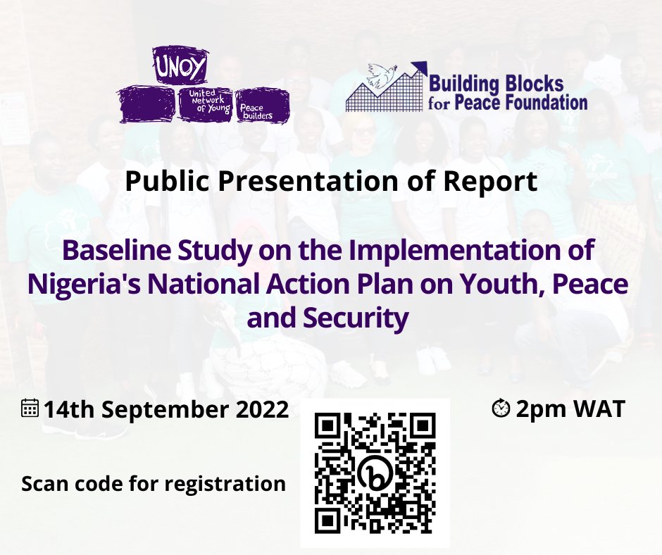 Are you interested in or working to advance the youth, peace, and security agenda? Join us on September 14th at 2pm WAT for the public presentation of the baseline study on the implementation of Nigeria's NAP on YPS.

Register Now➡️: bit.ly/ypsnigeria

#NigeriaYouth4Peace