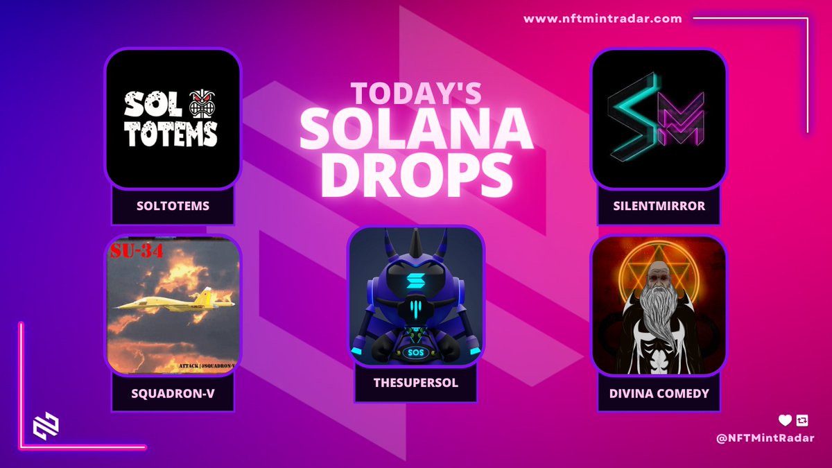 🚀Today's Solana NFT Mints🚀

🟣<a href="/SolTotems/">James Frank</a> | 0.5 ◎
🟣@SilentMirrorNFT | 1.2 ◎
🟣<a href="/Squadron_Five/">Squadron-V</a> | 0.3 ◎
🟣<a href="/the_supersol/">TheSuperSOL  MINT LIVE (0.089)</a> | 0.22 ◎
🟣<a href="/DivinaComedyNFT/">Divina Comedy</a> | 0.069 ◎

#NFT #NFTs #NFTdrops #NFTCommunity #Solana

To details➡️bit.ly/TodaysSolana