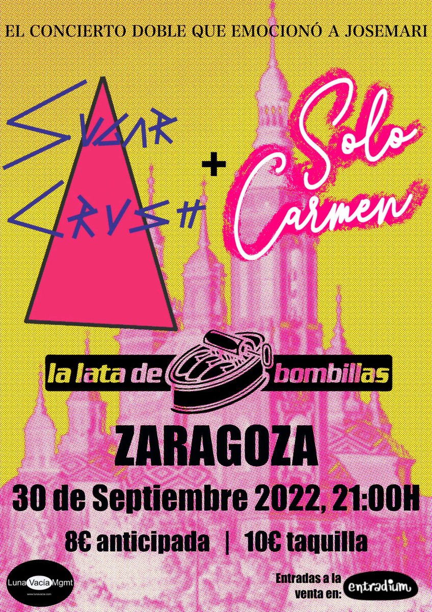Gentes de Zaragoza y alrededores ( y lo que no son alrededores también 🙃 ) El 30 de Septiembre estaremos cantando una coplillas en la <a href="/LATADEBOMBILLAS/">LA LATA DE BOMBILLAS</a> con los <a href="/SoloCarmenBanda/">Solo Carmen</a> 🎉🎉

Las entradas están tiraisimas de precio en este link ⬇️
entradium.com/es/events/suga…

#Zaragoza