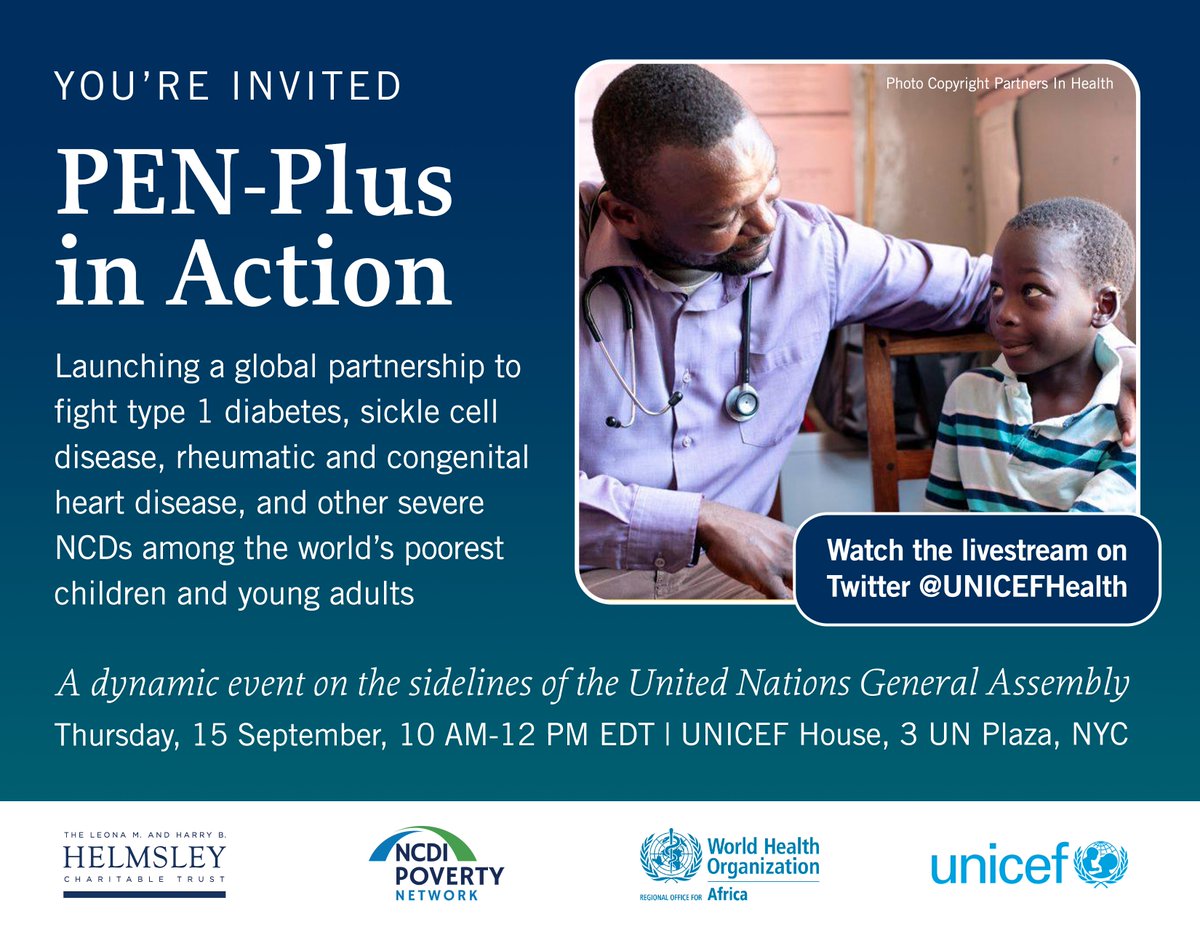 UNICEFhealth's tweet photo. Mark your calendars! 🗣
On 15 September, @NCDIpoverty, @HelmsleyTrust, @UNICEFhealth &amp; @WHOAFRO will launch a global partnership to make lifesaving treatment for severe #NCDs accessible &amp; affordable for children facing poverty around the 🌎

Stay tuned for updates 👉 @NCDIpoverty https://t.co/weBxKeLJYl