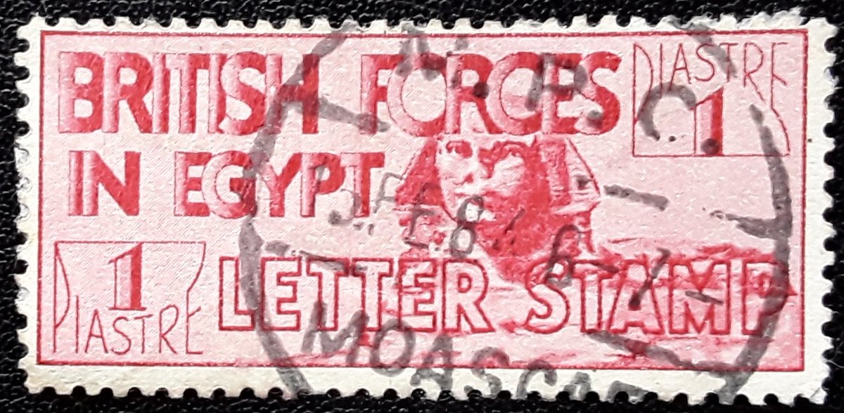 Stamp_Daily's tweet photo. Today's #StampDaily was first issued 1934 for use by #GBR military forces in #Egypt. Used in #Moascar garrison. Always liked the representation of the #Sphinx in this stamp and the 1930s fonts, styling & colouring. #philately #philatelie #used #Stamps #militarypost #timbres #BFPO https://t.co/ceKwAUJcTz