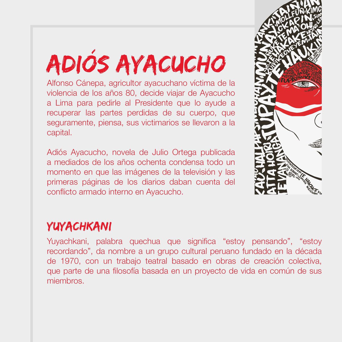 Culturas_Afta's tweet photo. Yuyachkani grupo cultural peruano que ya celebra más de 50 años de vida, y cuyo nombre significa “ESTOY PENSANDO, ESTOY RECORDANDO”, llega a @IdentidadesFest con “Adiós Ayacucho”🐻.

🗓Domingo 02 de octubre, 21 hrs. 
📍Anfiteatro @RuinasHuanchaca 
https://t.co/kUMTitXQ7O https://t.co/CaMO1QJdBV
