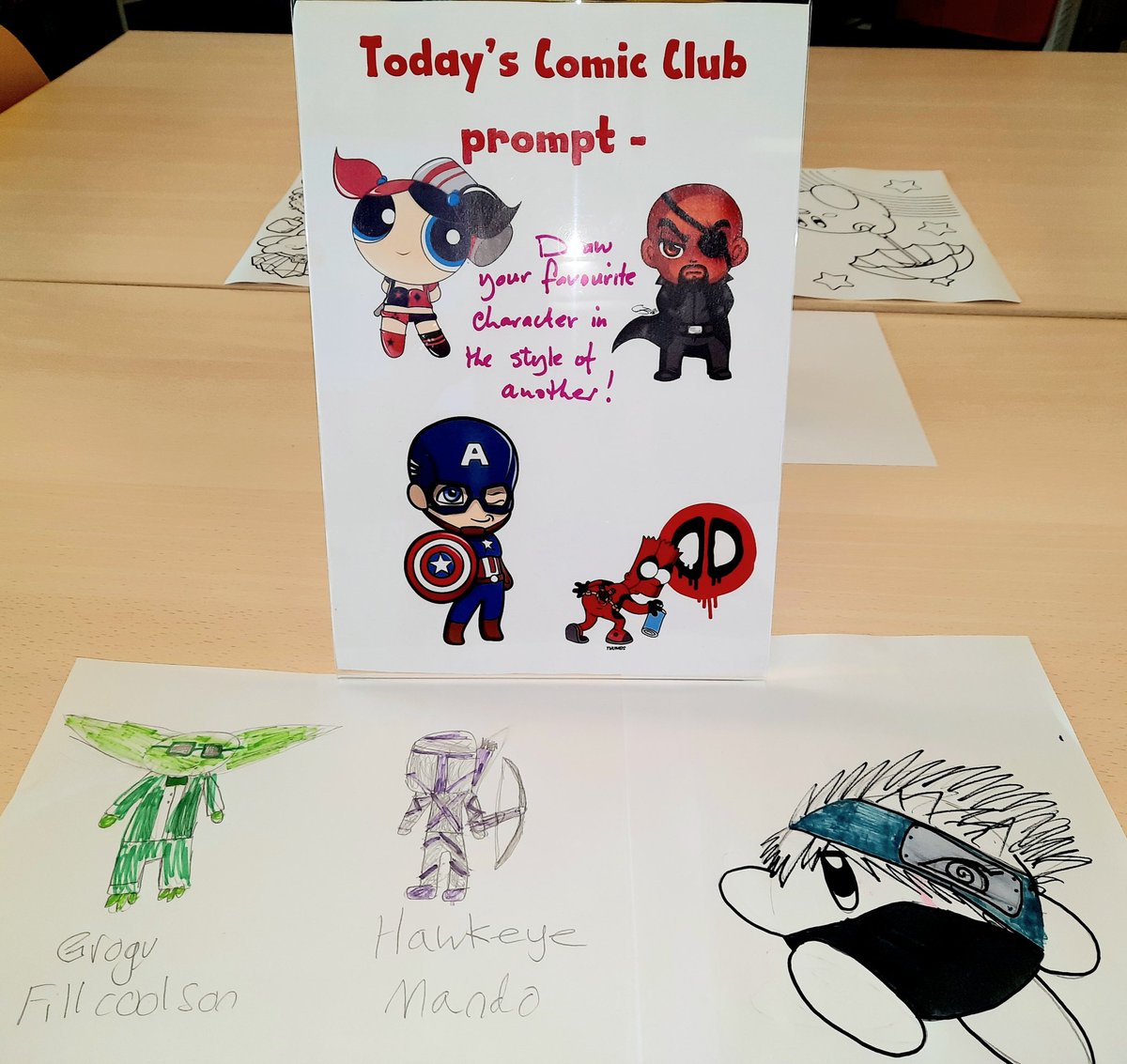 BrechinHighLib's tweet photo. INCLUSION -

Today's prompt for #ComicClub - draw a fav character in the style of another - resulted in #Kakashi|#Kirby, #Grogu|#PhilCoulson &amp; #Hawkeye|#Mando! 🥰

#BrechinHighValues #ArtPrompts #MindfulnessColouringClub #ThisIsBrechin https://t.co/8Z2XWYyAI7