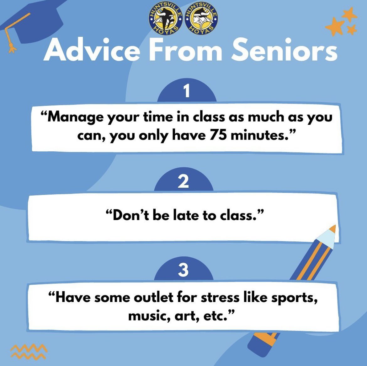 RVeeTee's tweet photo. One more sleep, Hoyas! Back to school advice from @HuntsvilleHS seniors. 🙌 #HoyaLeadershipCouncil #HereForHoyas https://t.co/ggPKXZemt6