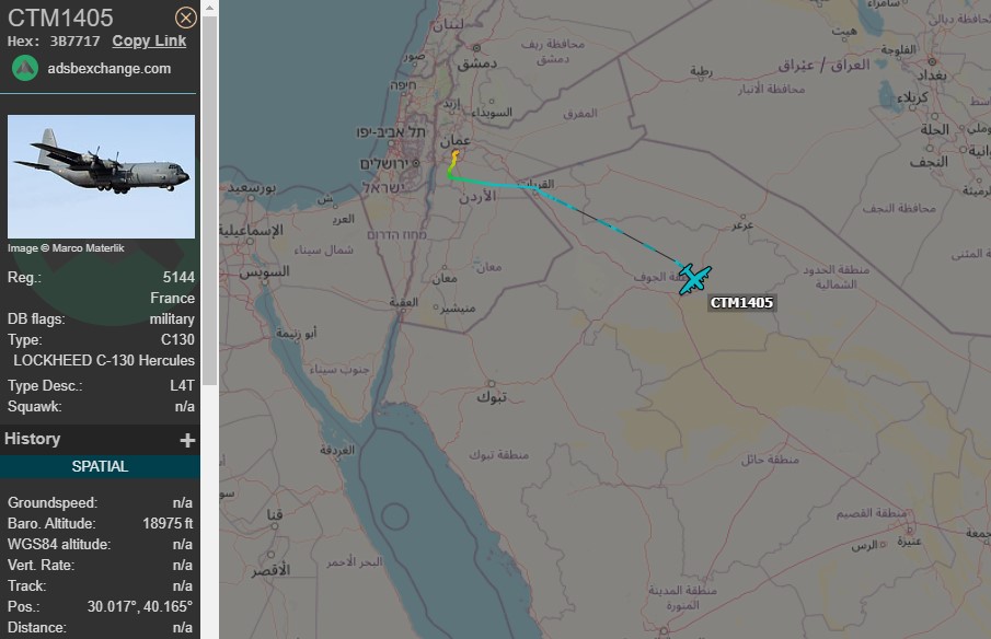 Laurent_Le_Bloa's tweet photo. Yesterday French AF C130 #CTM1405 fm #TelAviv #Israel to #Amman #Jordania this morning heading probably toward #UAE 
A400M #CTM2010 this afternoon fm Amman toward Abu Dhabi https://t.co/7jjAE8ywsz