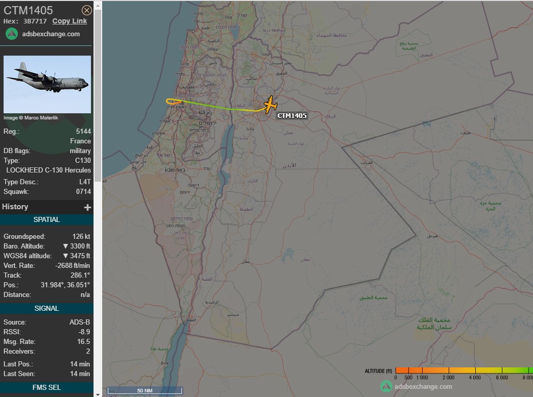 Laurent_Le_Bloa's tweet photo. Yesterday French AF C130 #CTM1405 fm #TelAviv #Israel to #Amman #Jordania this morning heading probably toward #UAE 
A400M #CTM2010 this afternoon fm Amman toward Abu Dhabi https://t.co/7jjAE8ywsz