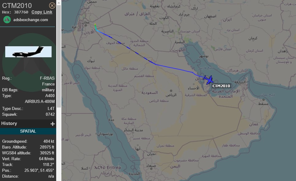 Laurent_Le_Bloa's tweet photo. Yesterday French AF C130 #CTM1405 fm #TelAviv #Israel to #Amman #Jordania this morning heading probably toward #UAE 
A400M #CTM2010 this afternoon fm Amman toward Abu Dhabi https://t.co/7jjAE8ywsz