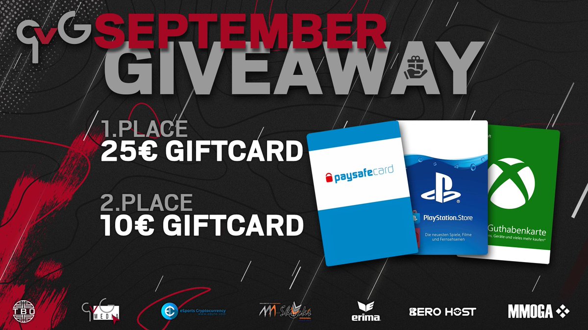 🔥 GIVEAWAY TIME 🔥

For our #September #Giveaway we bring you the following prices 🎁

🥇 1x 25€ giftcard
🥈 1x 10€ giftcard

To participate ⬇️
Follow <a href="/qvGeSports/">qvG eSports</a> ✅
Retweet 🔁
Tag one friend for the 2nd place 🫂

Ends: Sunday 11th September 6pm CEST

Good luck 🍀 

#staygray