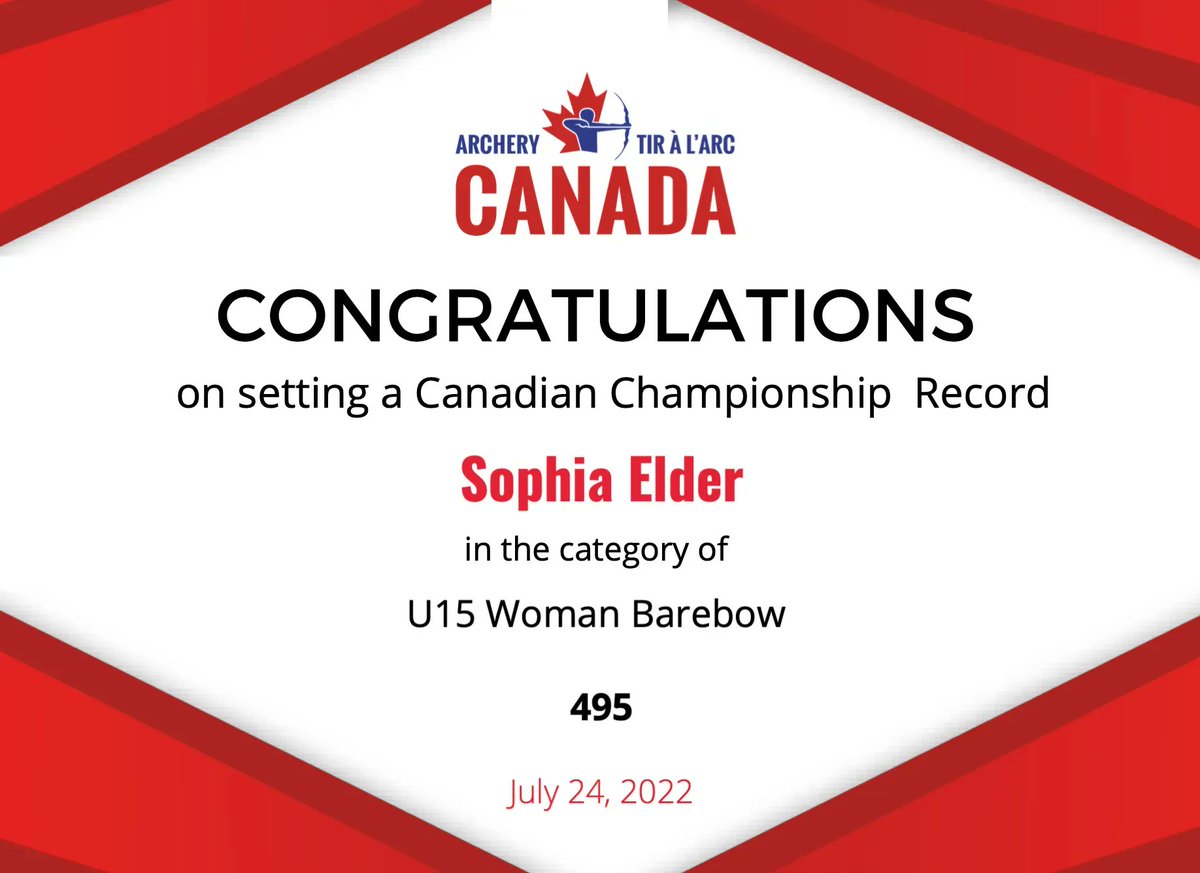 ArcheryCanada's tweet image. New Canadian open record! / Nouveau record canadien ouvert !
U15 Woman barebow: Sophia Elder from Yellowknife, NWT in a 720 round with a score of 495 (CC). 2022-07-24