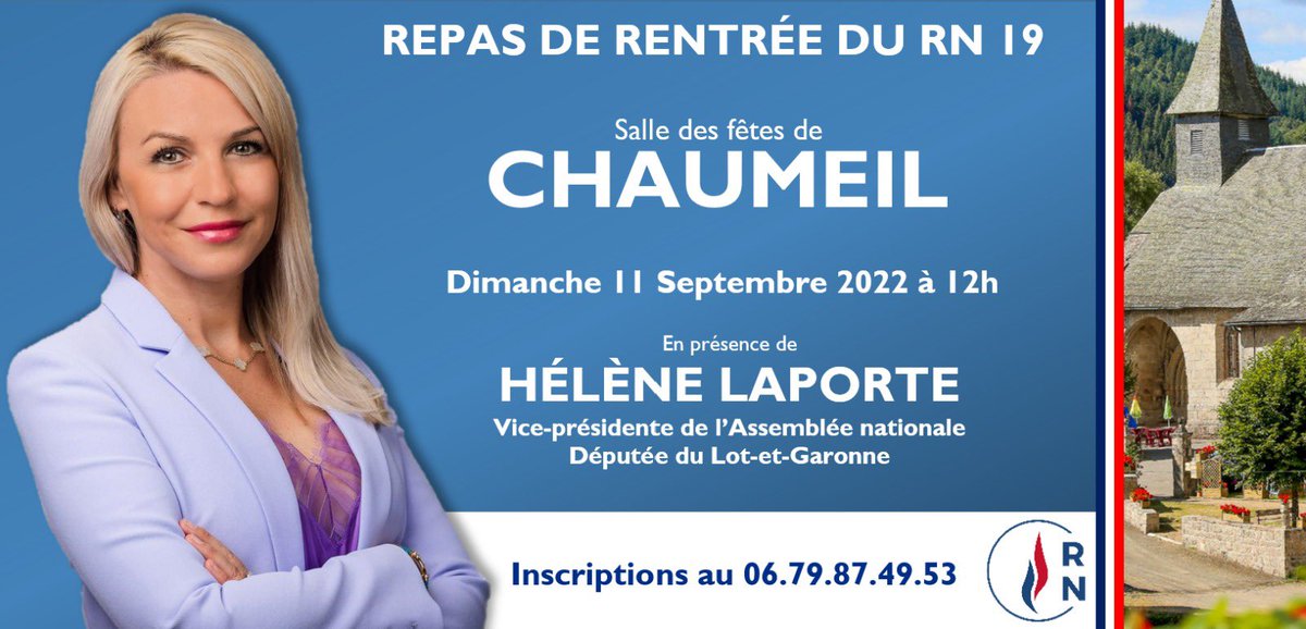 HeleneLaporteRN's tweet photo. 🇫🇷 Je vous donne rendez-vous dimanche 11 septembre à #Chaumeil pour le repas de rentrée du @RN_Correze. ⤵️ https://t.co/65UFpss8Fb