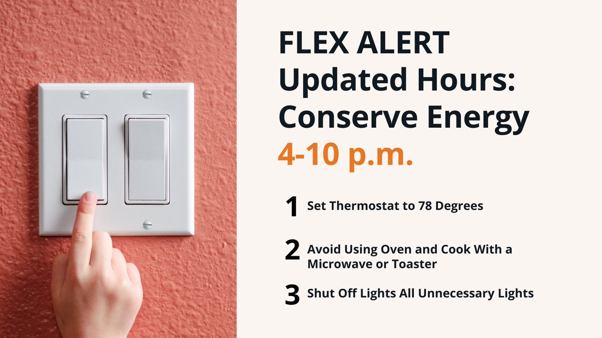 SCE (@sce) on Twitter photo The <a href="/California_ISO/">California ISO</a> has issued a Flex Alert today, Monday, Sept. 5, with updated hours of 4-10 p.m. Please help conserve energy during peak afternoon hours when demand on the state's power supply is the highest. Here are ways you can help. π The <a href="/California_ISO/">California ISO</a> has issued a Flex Alert today, Monday, Sept. 5, with updated hours of 4-10 p.m. Please help conserve energy during peak afternoon hours when demand on the state's power supply is the highest. Here are ways you can help. π