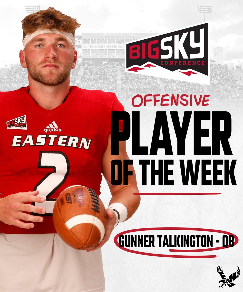 EWUFootball's tweet photo. 408 yards of total offense and five passing touchdowns in his official debut as QB1, congratulations to @GunnerTalking10 on his first career @BigSkyFB Offensive Player of the Week award!

📰--> https://t.co/a6eRj9nRZi

#GoEags https://t.co/2b9yOCwt9A