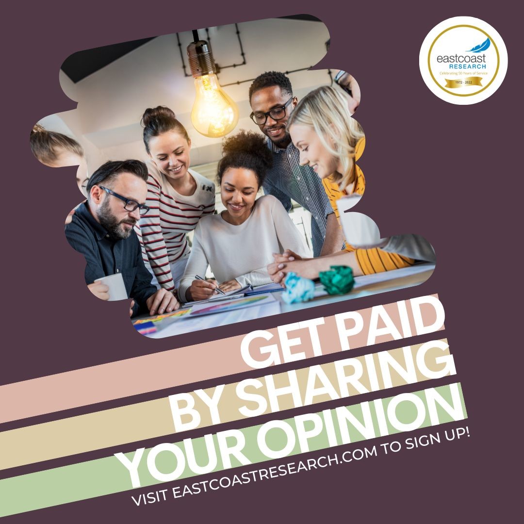 Interested in sharing your opinion about products and services? Be heard and get paid.
Join now by signing up at EastcoastResearch.com/respondents
#eastcoastresearch #paidparticipants #marketresearch #earnextracash #earnmoneyfromhome #focusgroup #youropinionmatters #shareyouropinion