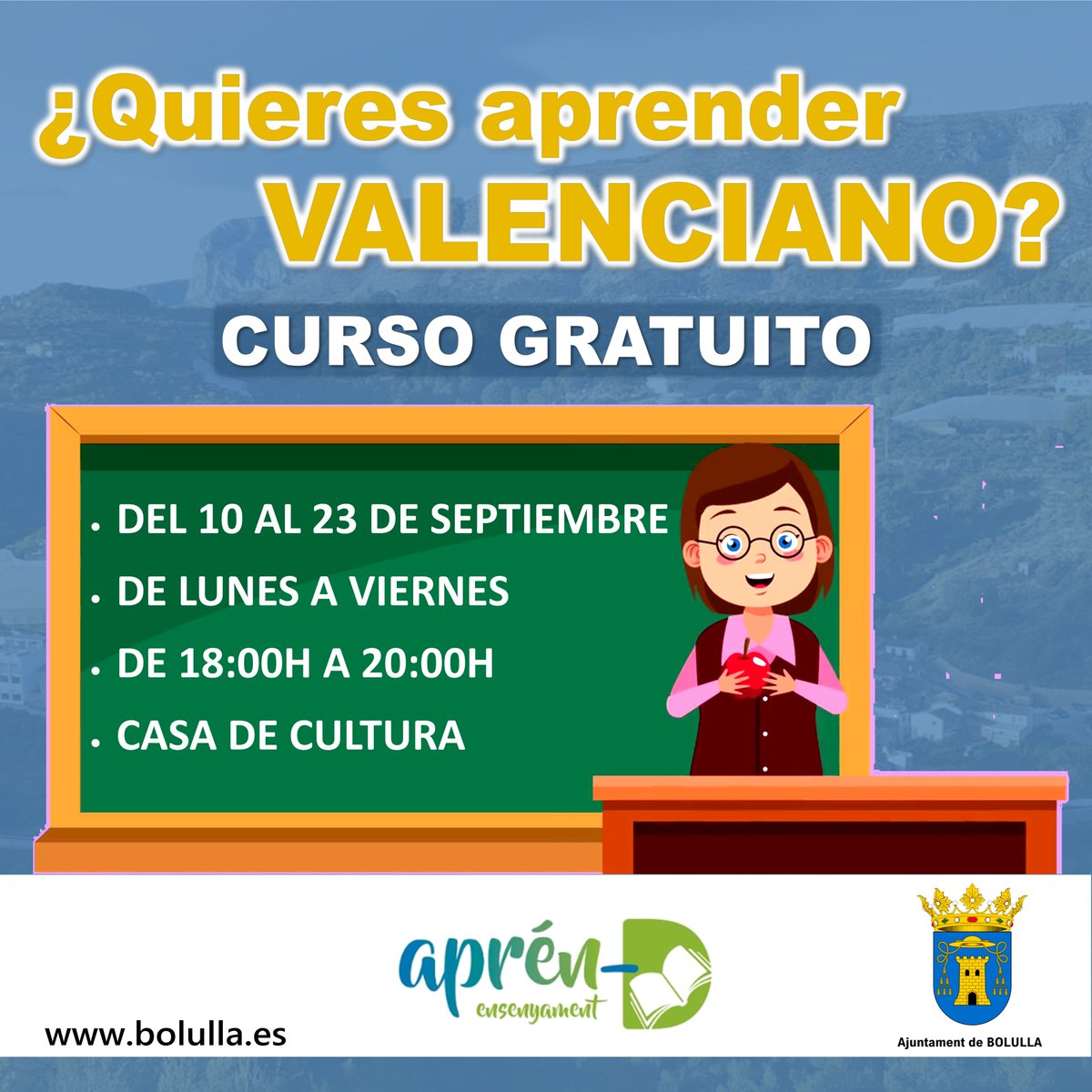 aytobolulla's tweet photo. ✅CAS: Curso GRATUITO de iniciación al VALENCIANO 🧑‍🏫 

✅VAL: Curs GRATUÏT d'iniciació al VALENCIÀ 🧑‍🏫

✅ENG: FREE course of initiation to VALENCIAN 🧑‍🏫 https://t.co/hiEj8sDoxE