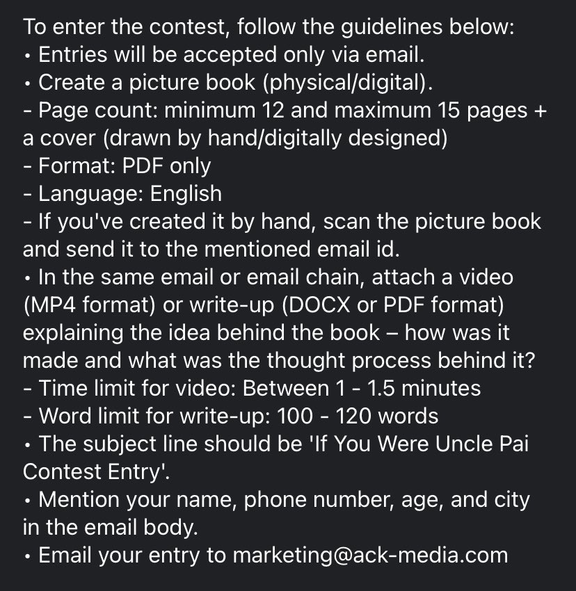 TinkleMagazine's tweet photo. To enter the contest, follow the guidelines in the attached image.

#ThankYouUnclePai #UnclePaiDay2022
#IfYouWereUnclePai
#AmarChitraKatha #ACK #ACKComics 
#tinkle #tinklecomics #contest #contestalert #giveaway https://t.co/5159haASIK