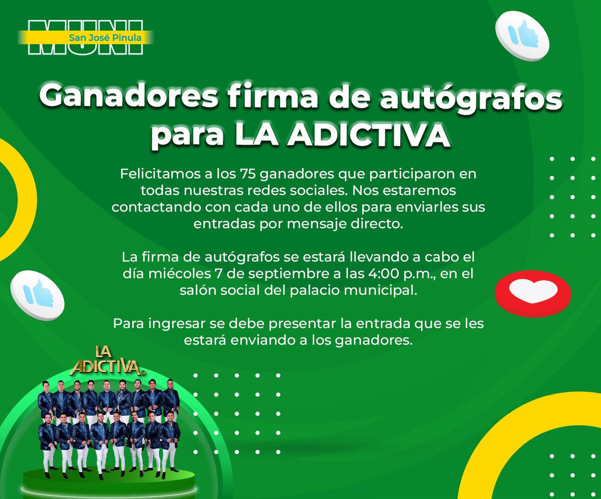 MuniSJP's tweet photo. Felicidades a todos nuestros ganadores, estaremos contactando con ustedes para enviar sus entradas.
#LaAdictivaenPinula https://t.co/qO6Pt892Lr