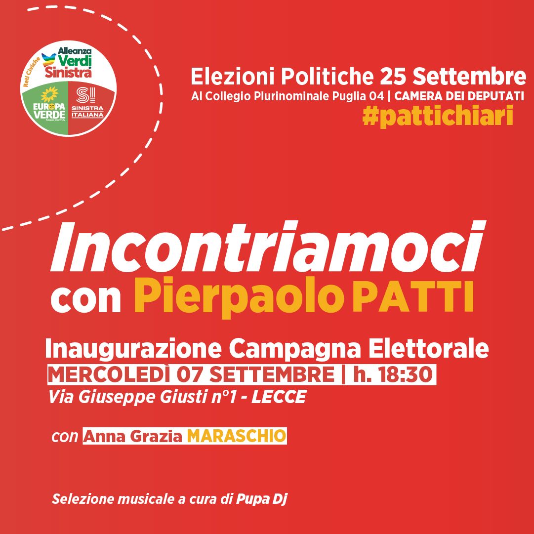 piepatti's tweet photo. Incontriamoci. 
Per una nuova avventura.

Ti aspetto mercoledì alle ore 18,30, in via Giusti n°1, a Lecce, per perseguire questo nuovo obiettivo insieme.

#pattichiari https://t.co/USVWtYaeBe