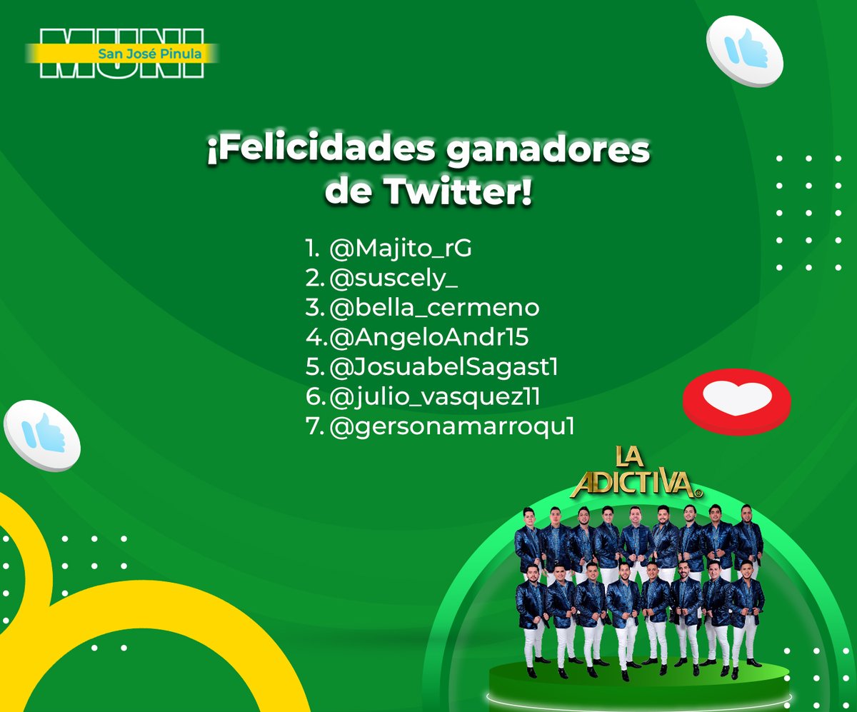 MuniSJP's tweet photo. Felicidades a todos nuestros ganadores, estaremos contactando con ustedes para enviar sus entradas.
#LaAdictivaenPinula https://t.co/qO6Pt892Lr