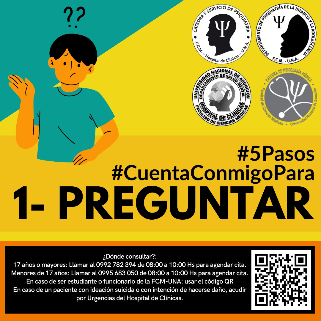 MedicinaUNA's tweet photo. 📌En la Semana de Prevención del #Suicidio, la Cátedra de Psiquiatría, la Cátedra de Psicología Médica, el Departamento de Psiquiatría de la Infancia y la Adolescencia y el Departamento de Salud Mental de la FCM-UNA, lanzan la Campaña " #5Pasos #CuentaConmigoPara ". https://t.co/mlvsWJcojr