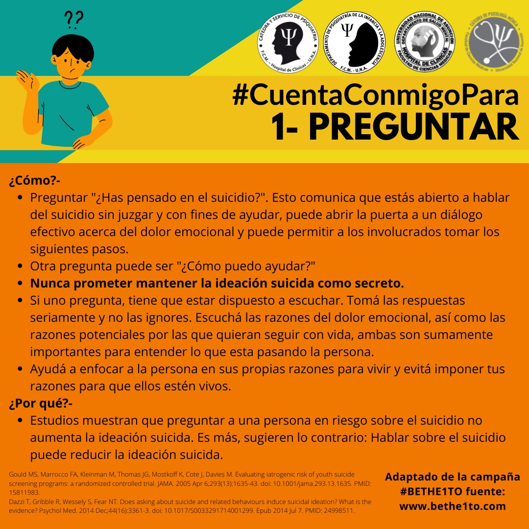 MedicinaUNA's tweet photo. 📌En la Semana de Prevención del #Suicidio, la Cátedra de Psiquiatría, la Cátedra de Psicología Médica, el Departamento de Psiquiatría de la Infancia y la Adolescencia y el Departamento de Salud Mental de la FCM-UNA, lanzan la Campaña " #5Pasos #CuentaConmigoPara ". https://t.co/mlvsWJcojr