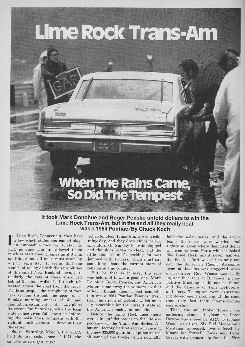 hquackenboss's tweet photo. John Hildebrand upheld a tradition in the #GrayGhost winning Monday at #LH40 in the rain. Motor Trend covered 1971 season kickoff Trans-Am race where the Tempest, driven by Bob Tullius, went from last to 2nd place before blowing a head gasket in the final laps @JRHildebrand https://t.co/xF5rgTllcB