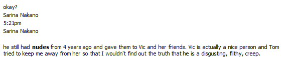 SinDidItAll's tweet photo. INTERESTING
Tom (2022) says someone named Alex sent the nudes to someone named Victoria.

Sarina (2014) says TOM sent the nudes to Victoria 😂😂😂

Victim from 2014: says SARINA sent the nudes to them. https://t.co/6fv5lGTE9i