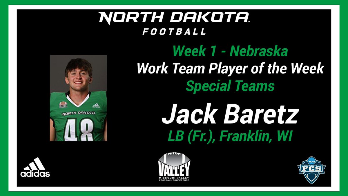 UNDFBRecruiting's tweet image. Special Teams Work Team Player of the Week for Week 1 vs. Nebraska goes to freshman LB, Jack Baretz (@JBaretz) from Franklin HS (@Saber_Football) in Franklin, WI. #UNDProud
