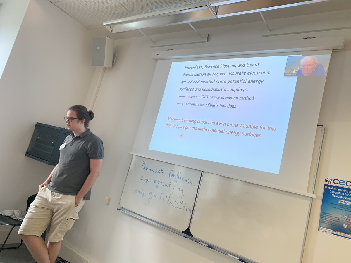 JWestermayr's tweet photo. After an amazing lecture on mixed quantum classical dynamics by John Tully, now Lea Ibele from @FedericaAgosti9 group is teaching us how to do nonadiabatic dynamics in practice at #MLQCDyn @CecamFr @cecamEvents @max_jr @artur_izmaylov @PavloDral @marquetand @MarioBarbatti https://t.co/vg5MgCcWUM