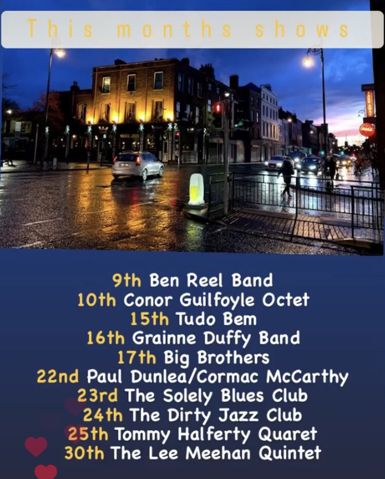 Blues &amp; Jazz listings for the rest of this month.. featuring <a href="/benreel/">ben reel</a> <a href="/GrainneDuffy/">Grainne Duffy</a> <a href="/Pauldunlea/">Paul Dunlea</a> <a href="/cormagiomusic/">CormacMcCarthy</a> <a href="/kevdawg11/">kevin brady music</a> 
<a href="/dublin_discover/">DiscoverDublin</a> <a href="/VisitDublin/">Visit Dublin</a> <a href="/totallydublin/">Totally Dublin</a> <a href="/CultureNight/">Culture Night</a> <a href="/NewMusicDublin/">New Music Dublin</a> <a href="/Nightdublin/">Dublin Nightlife</a> #blues #jazz <a href="/BluesDublin/">Charlie Hussey</a> <a href="/jazzireland/">Jazz Ireland</a>
