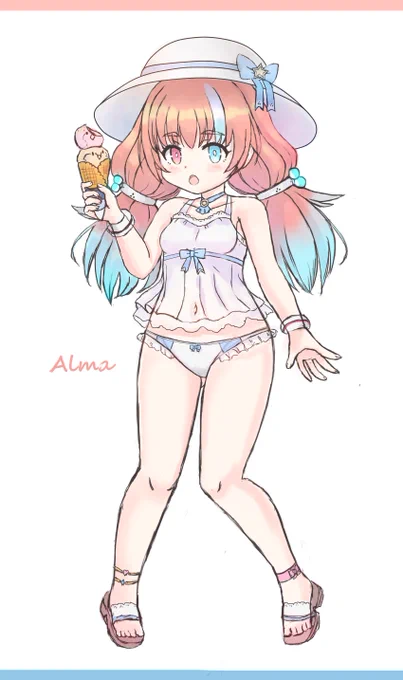 【リヴェルな今宵の進捗】アルマの水着verです!色塗りも大体出来上がりましたので公開いたします!(*'▽`*)ノ後はお話と設定とか作れば投稿できそうです…夏休み会場の砂浜でアイスをもぐもぐしているので見かけたら遊びにでも、デートにでも誘ってやってください…! 
